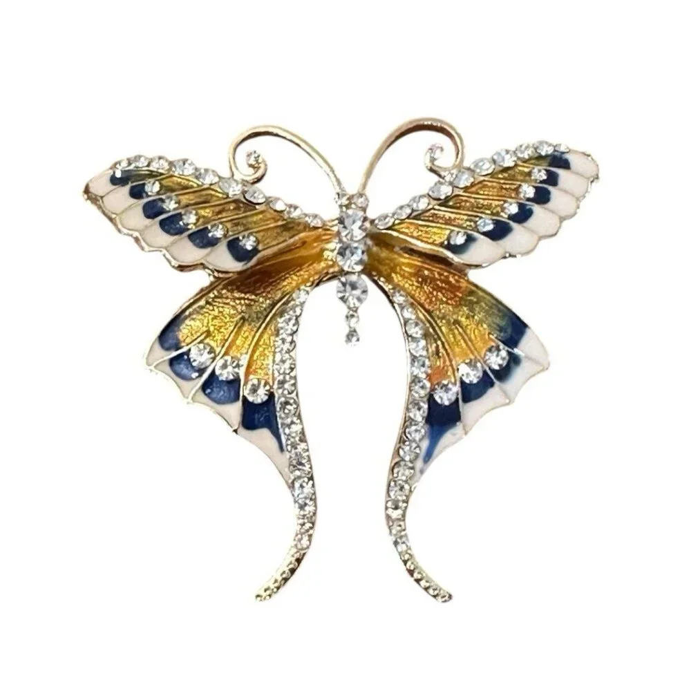 Elegant‎ Butterfly Brooch Pin Unbranded Yellow Blue Sparkle 2 in Gold Tone